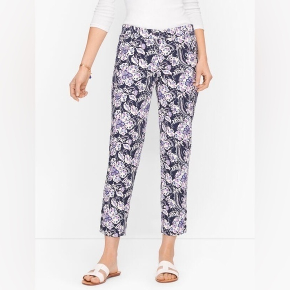 Talbots‎ Perfect Crop Pants Womens 2 Navy Purple Floral Paisley Stretch Trousers
